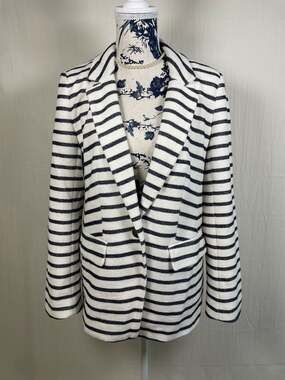 LOFT Women's Striped Knit Modern Blazer with Brass Crest Buttons Sz 6